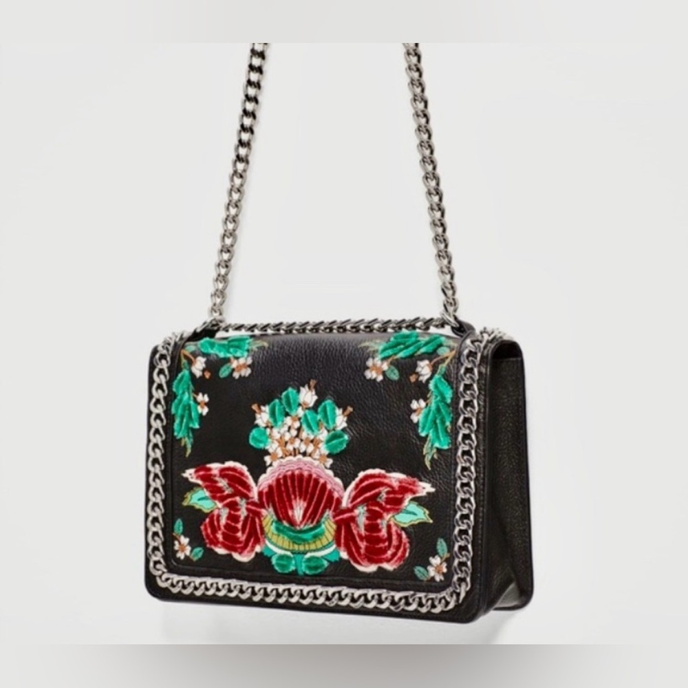Zara real genuine leather bag purse flap embellished floral silver chain NwT